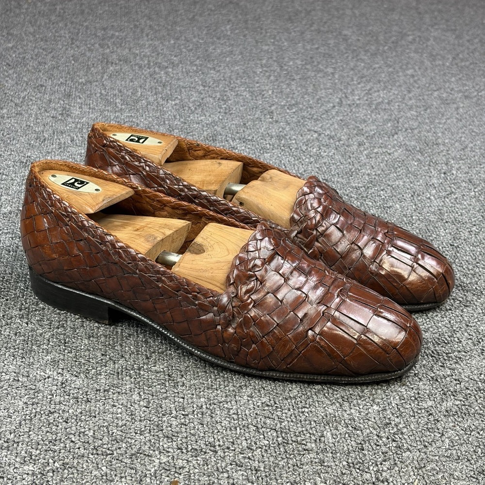 Moreschi Handmade Italian Woven Leather Loafers Mens 10 Brown Luxury Dress Shoes